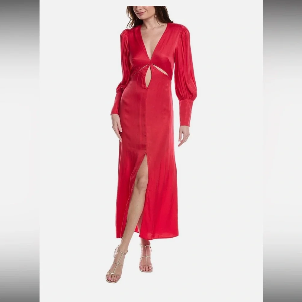 FARM Rio Red Cutout Front Bishop Sleeve Dress - Picture 1 of 10